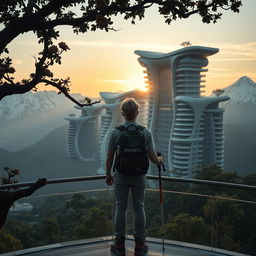 A young architect with light-colored hair stands on an observation deck, facing away, beneath a dark silhouetted tree in the foreground with dense foliage and large flowers