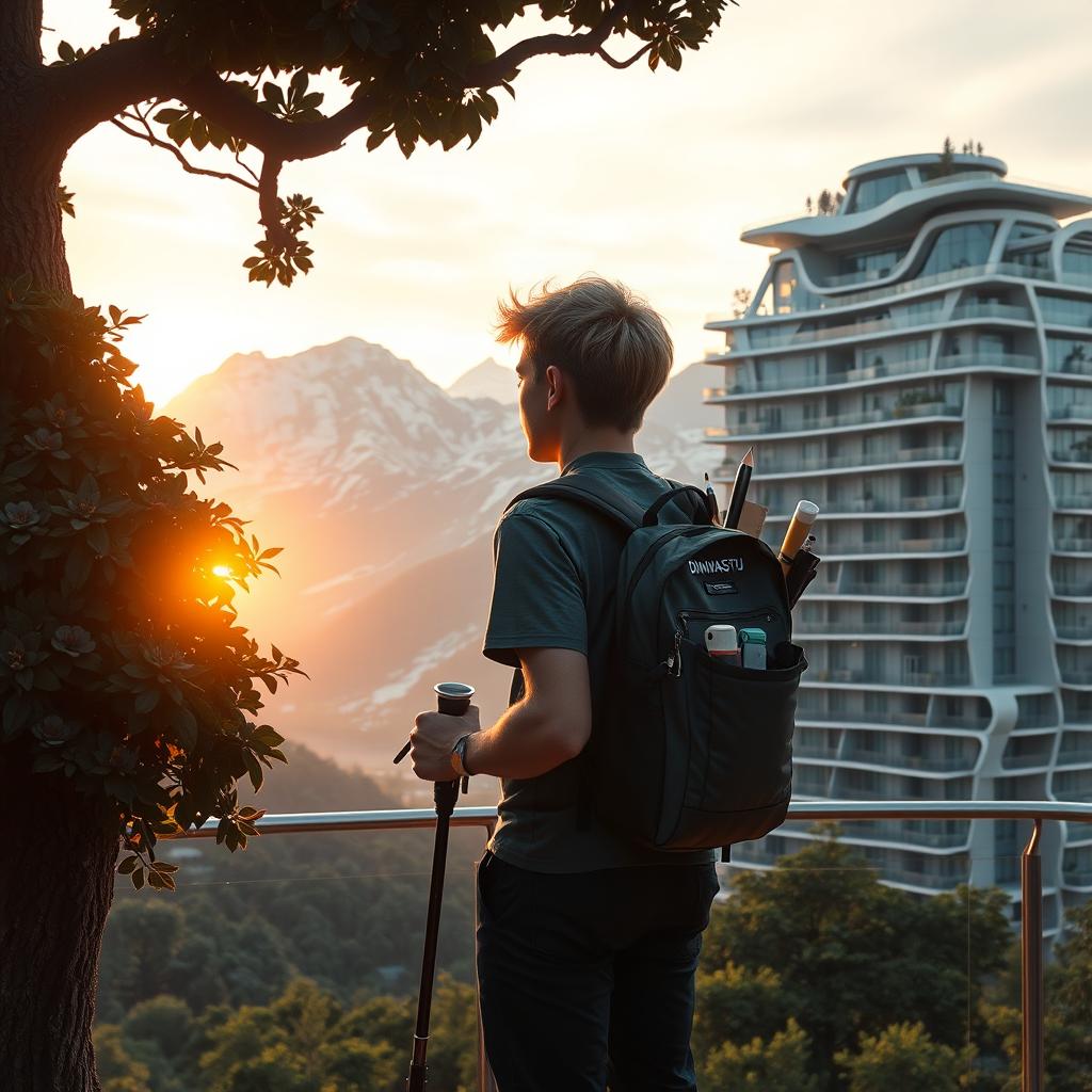 A young architect with light-colored hair stands on an observation deck, facing away, beneath a dark silhouetted tree in the foreground with dense foliage and large flowers