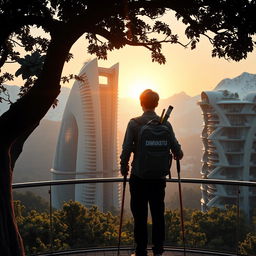 A young architect with light-colored hair stands on an observation deck, facing away, beneath a dark silhouetted tree in the foreground with dense foliage and large flowers