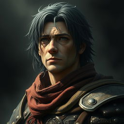 A mystical warrior portrait of a 25-year-old character with black half-length hair, exhibiting a serious, determined, and sorrowful expression that tells of past hardships