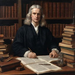 A detailed and realistic portrait of Sir Isaac Newton, sitting at a desk, engrossed in his scientific studies, surrounded by books and tools of his time. 