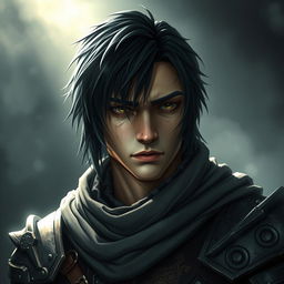 A mystical warrior portrait of a 25-year-old character with black half-length hair, exhibiting a serious, determined, and sorrowful expression that tells of past hardships