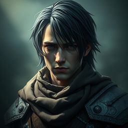 A mystical warrior portrait of a 25-year-old character with black half-length hair, exhibiting a serious, determined, and sorrowful expression that tells of past hardships