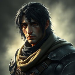 A mystical warrior portrait of a 25-year-old character with black half-length hair, exhibiting a serious, determined, and sorrowful expression that tells of past hardships