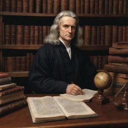 A detailed and realistic portrait of Sir Isaac Newton, sitting at a desk, engrossed in his scientific studies, surrounded by books and tools of his time. 