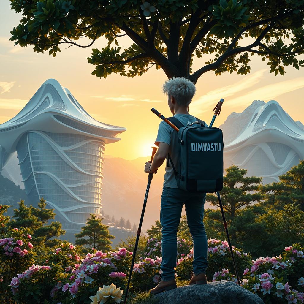 A young architect with light-colored hair stands on a rock surrounded by flowers, facing away