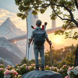 A young architect with light-colored hair stands on a rock surrounded by flowers, facing away