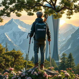 A young architect with light-colored hair stands on a rock surrounded by flowers, facing away