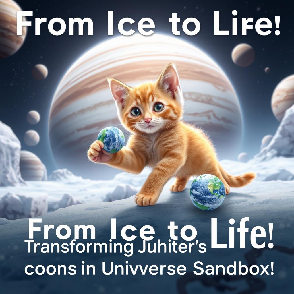 A captivating poster featuring an orange kitten engaged in the creation of life on the moons of Jupiter, set within the Universe Sandbox game environment