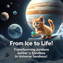 A captivating poster featuring an orange kitten engaged in the creation of life on the moons of Jupiter, set within the Universe Sandbox game environment