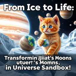 A captivating poster featuring an orange kitten engaged in the creation of life on the moons of Jupiter, set within the Universe Sandbox game environment