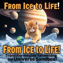 A captivating poster featuring an orange kitten engaged in the creation of life on the moons of Jupiter, set within the Universe Sandbox game environment