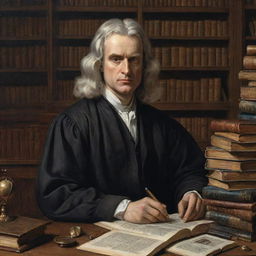 A detailed and realistic portrait of Sir Isaac Newton, sitting at a desk, engrossed in his scientific studies, surrounded by books and tools of his time. 