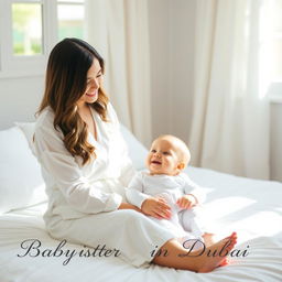 A young woman with long, wavy hair, wearing a white outfit, is smiling at a baby dressed in white