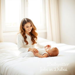 A young woman with long, wavy hair, wearing a white outfit, is smiling at a baby dressed in white