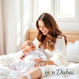 A young woman with long, wavy hair, wearing a white outfit, is smiling at a baby dressed in white