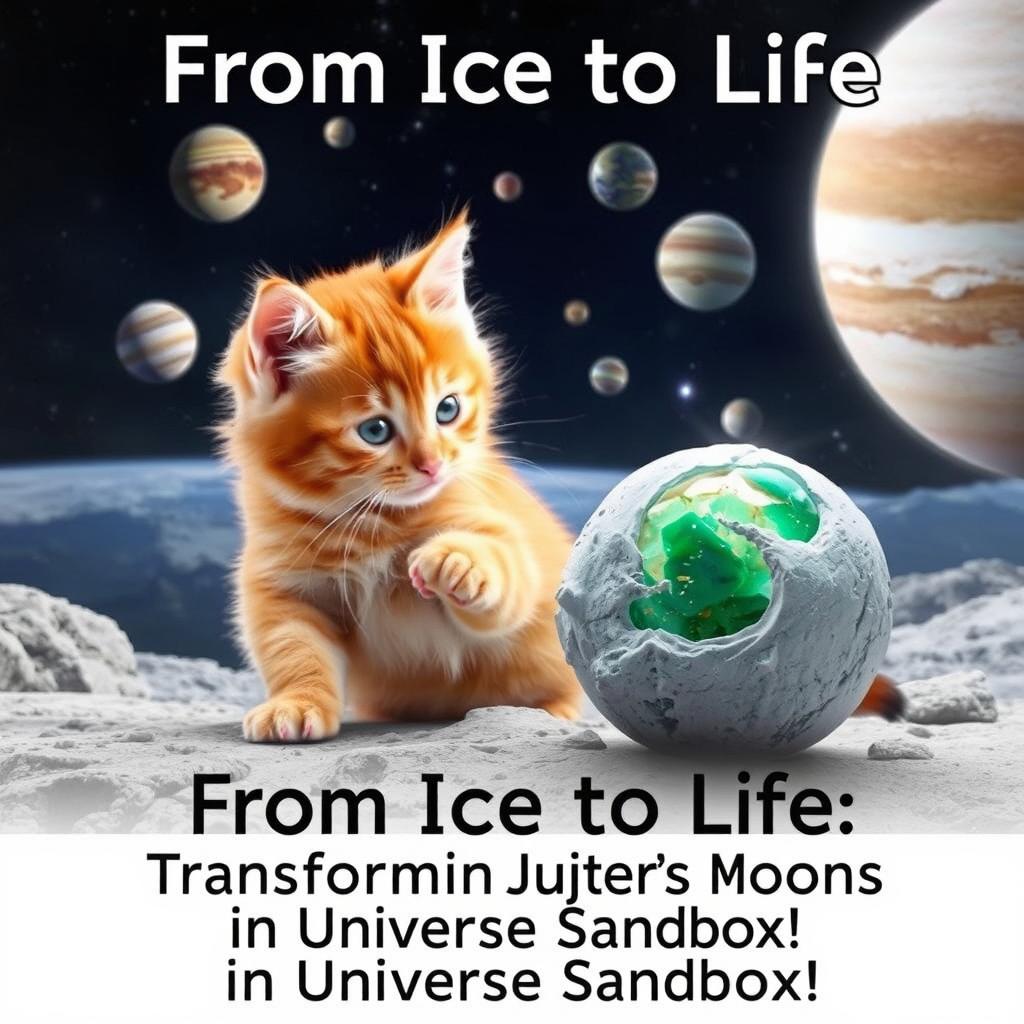 A captivating poster featuring an orange kitten creatively engaged in the process of forming life on Jupiter's moons within the Universe Sandbox simulation
