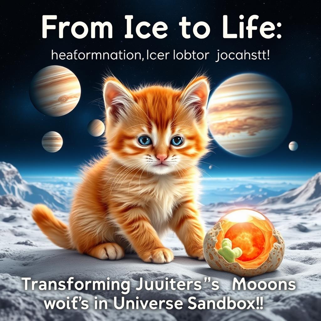A captivating poster featuring an orange kitten creatively engaged in the process of forming life on Jupiter's moons within the Universe Sandbox simulation