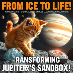 A captivating poster featuring an orange kitten creatively engaged in the process of forming life on Jupiter's moons within the Universe Sandbox simulation