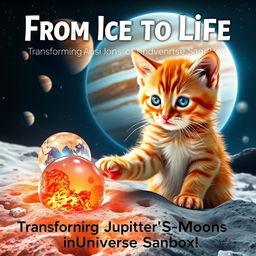 A captivating poster featuring an orange kitten creatively engaged in the process of forming life on Jupiter's moons within the Universe Sandbox simulation