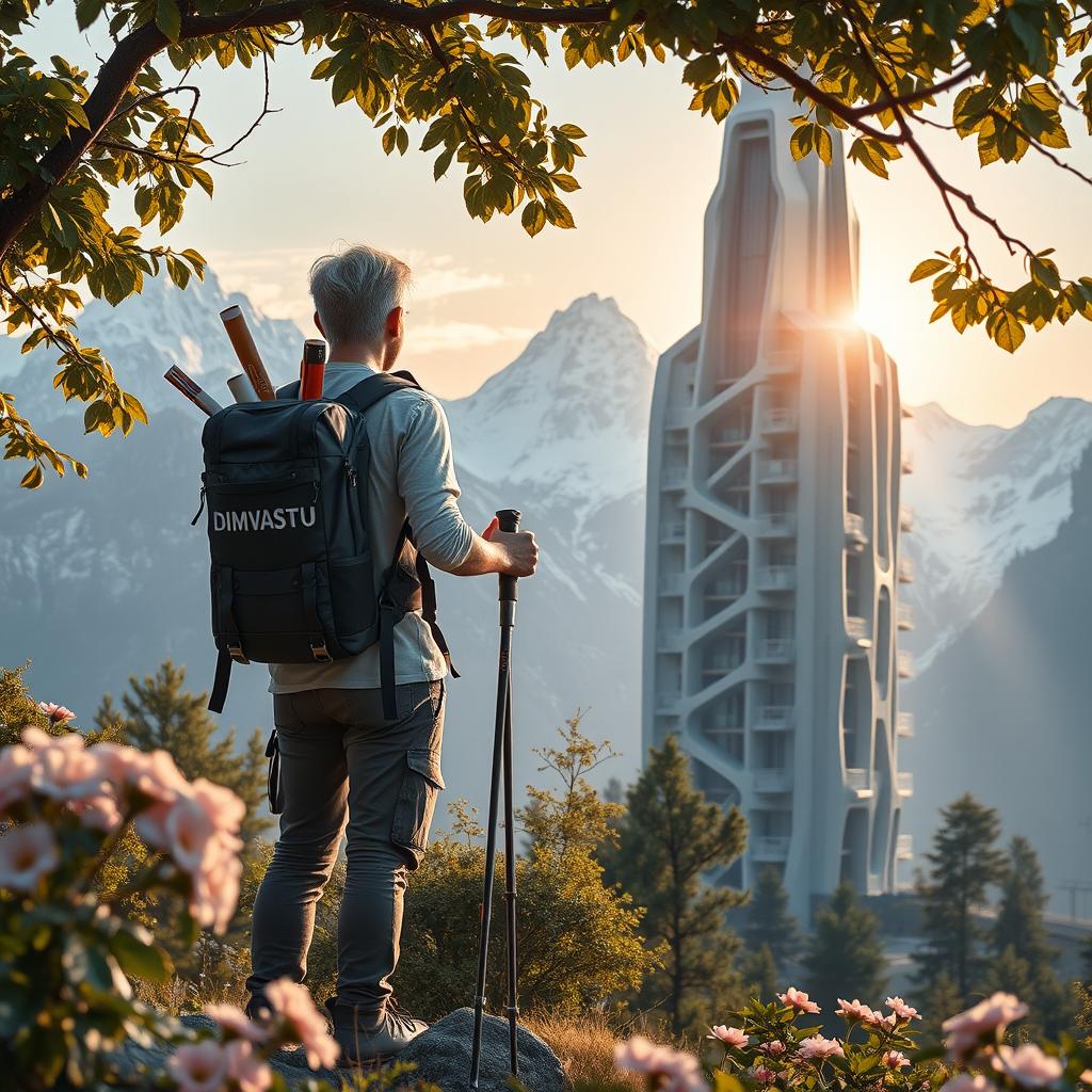 A young architect with light-colored hair stands on a rock among flowers, facing away, beneath a tree with dense foliage and large flowers in the foreground