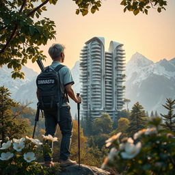 A young architect with light-colored hair stands on a rock among flowers, facing away, beneath a tree with dense foliage and large flowers in the foreground