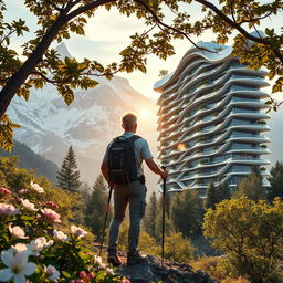 An architect with light-colored hair stands on a rock among flowers, facing away, under a tree with dense foliage and large flowers in the foreground