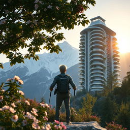 An architect with light-colored hair stands on a rock among flowers, facing away, under a tree with dense foliage and large flowers in the foreground