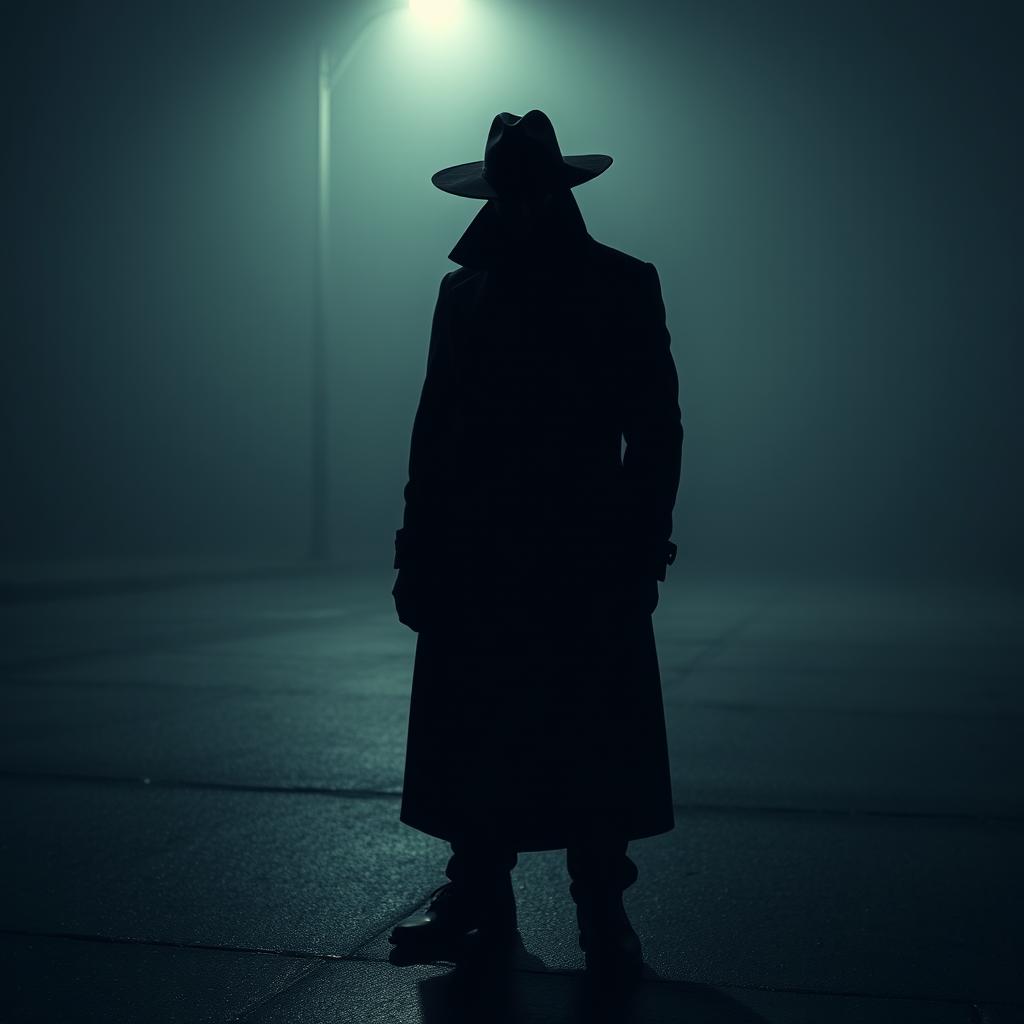 A mysterious figure standing under a dim streetlight on a foggy night, wearing a long dark coat and hat, with a shadowy face partially obscured by shadows