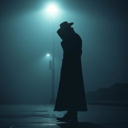 A mysterious figure standing under a dim streetlight on a foggy night, wearing a long dark coat and hat, with a shadowy face partially obscured by shadows