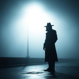 A mysterious figure standing under a dim streetlight on a foggy night, wearing a long dark coat and hat, with a shadowy face partially obscured by shadows