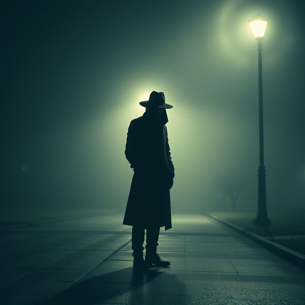 A mysterious figure standing under a dim streetlight on a foggy night, wearing a long dark coat and hat, with a shadowy face partially obscured by shadows