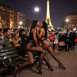 In Paris at night, under the iconic city lights, two tall and skinny black women are wearing fishnet body stockings