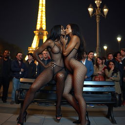 In Paris at night, under the iconic city lights, two tall and skinny black women are wearing fishnet body stockings