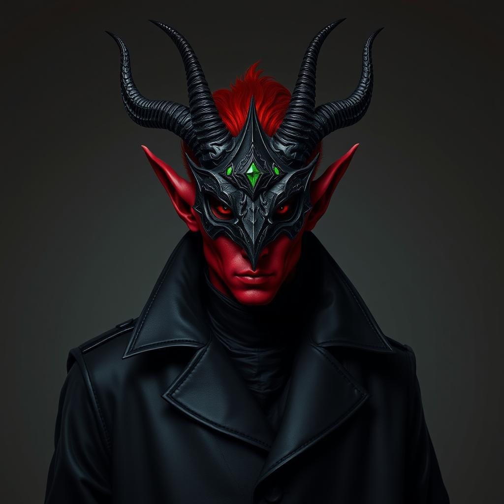 A red-skinned tiefling adorned in a long black leather coat, exuding a mysterious aura