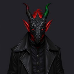 A red-skinned tiefling adorned in a long black leather coat, exuding a mysterious aura