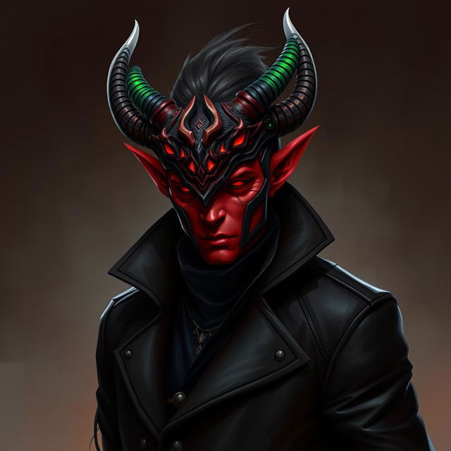 A red-skinned tiefling adorned in a long black leather coat, exuding a mysterious aura