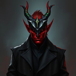 A red-skinned tiefling adorned in a long black leather coat, exuding a mysterious aura