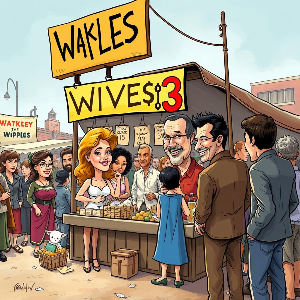 A satirical artwork depicting a market stall selling wives for $3