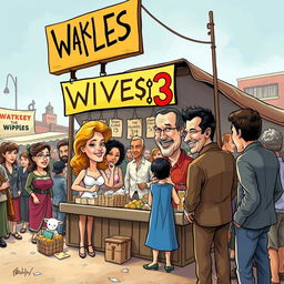 A satirical artwork depicting a market stall selling wives for $3