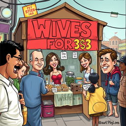 A satirical artwork depicting a market stall selling wives for $3