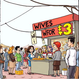 A satirical artwork depicting a market stall selling wives for $3