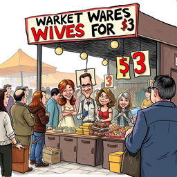 A satirical artwork depicting a market stall selling wives for $3