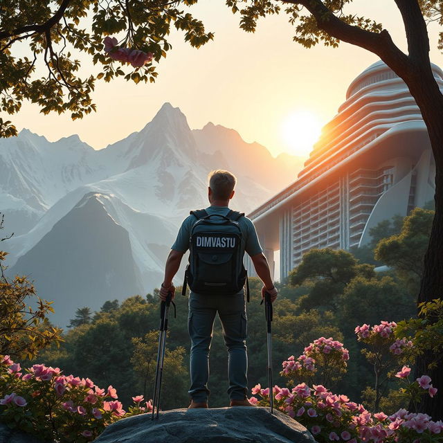 An architect with light-colored hair stands on a rock surrounded by flowers, facing away