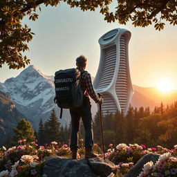 An architect with light-colored hair stands on a rock surrounded by flowers, facing away