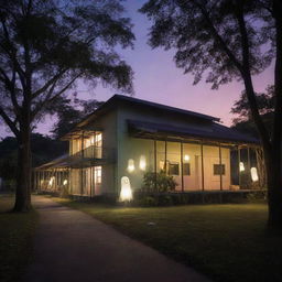 A typical elementary school in the Philippines at twilight, filled with ethereal glow. Playful, transparent ghosts happily roam around the classrooms, playground, and bamboo trees, infusing the scene with an enchanting and mellow spectral ambiance.