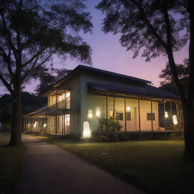 A typical elementary school in the Philippines at twilight, filled with ethereal glow. Playful, transparent ghosts happily roam around the classrooms, playground, and bamboo trees, infusing the scene with an enchanting and mellow spectral ambiance.