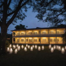 A typical elementary school in the Philippines at twilight, filled with ethereal glow. Playful, transparent ghosts happily roam around the classrooms, playground, and bamboo trees, infusing the scene with an enchanting and mellow spectral ambiance.