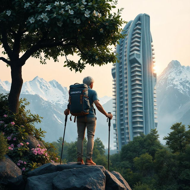 An architect with light-colored hair stands on a rock adorned with flowers, his back facing us, under a tree with dense foliage and large flowers