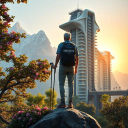 An architect with light-colored hair stands on a rock adorned with flowers, his back facing us, under a tree with dense foliage and large flowers